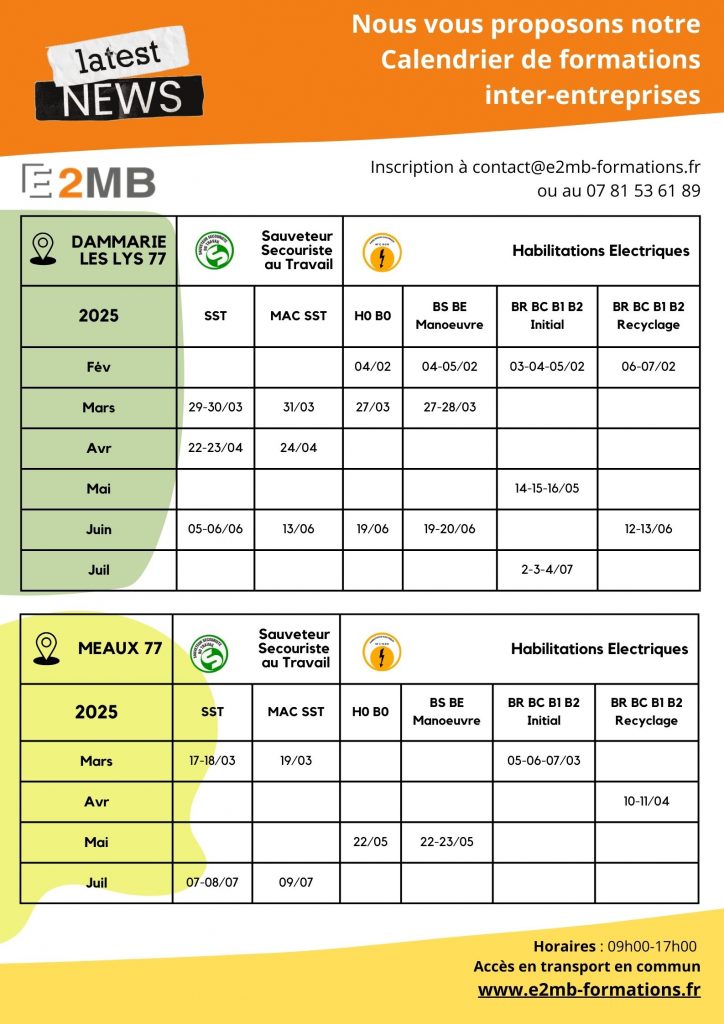 Calendrier des formations inter entreprises, IDF, Dammarie les Lys et Meaux 77